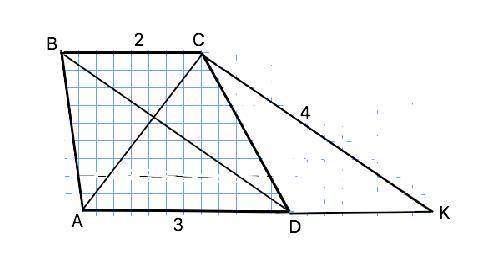 Основания трапеции равны 3 и 2. диагонали её равны 3 и 4. найти площадь трапеции.
