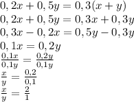 0,2x + 0,5y = 0,3(x + y) \\ &#10;0,2x + 0,5y = 0,3x + 0,3y \\ &#10;0,3x - 0,2x = 0,5y - 0,3y \\ &#10;0,1x = 0,2y \\ &#10; \frac{0,1x }{0,1y} = \frac{0,2y}{0,1y} \\ &#10; \frac{x }{y} = \frac{0,2}{0,1} \\ &#10; \frac{x }{y} = \frac{2}{1} \\ &#10;