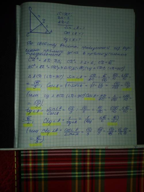 Впрямоугольном треугольнике abc угол c=90 градусов cd перпендикулярен ab ad=2 db=3 найти синус косин