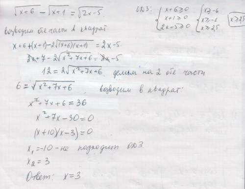 Решить иррациональные уравнения.а)sqrt{x+6}-sqrt{x+1}=sqrt{2x-5} б)sqrt{x-1}+ sqrt{2x+6}=6