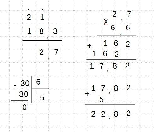 (21-18,3)*6,6+3: 0,6= в столбик с действиями