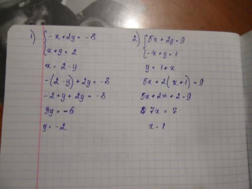 Решите систему уравнений графики: 1) {-x+2y=-8, x+y=2; 2) {5x+2y=9, -x+y=1.!