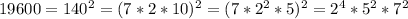 19600=140^2=(7*2*10)^2=(7*2^2*5)^2=2^4*5^2*7^2