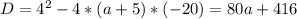 D=4^{2}-4*(a+5)*(-20)=80a+416