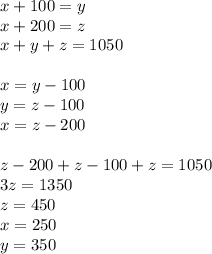 x+100=y \\ x+200=z \\ x+y+z=1050 \\ \\ x=y-100 \\ y=z-100 \\ x=z-200 \\ \\ z-200+z-100+z=1050 \\ 3z=1350 \\ z=450 \\ x=250 \\ y=350