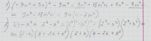 25 решите ! буду ! 1) представьте выражение (-3m^2+3n)^2-9m^4 в виде произведения 2)разложите выраже