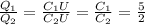 \frac{ Q_{1} }{Q_{2}} = \frac{ C_{1} U}{C_{2} U} =\frac{ C_{1}}{C_{2}}= \frac{5}{2}