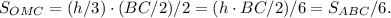 S_{OMC}=(h/3)\cdot (BC/2)/2=(h\cdot BC/2)/6=S_{ABC}/6.