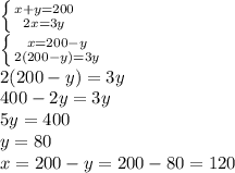 \left \{ {{x+y=200} \atop {2x=3y}} \right. \\ \left \{ {{x=200-y} \atop {2(200-y)=3y}} \right. \\ 2(200-y)=3y \\ 400-2y=3y \\ 5y=400 \\ y=80 \\ x=200-y=200-80=120