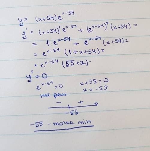 Найдете точку минимума функции y=(x+54)e^x-54