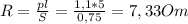 R= \frac{pl}{S}= \frac{1,1*5}{0,75}=7,33Om