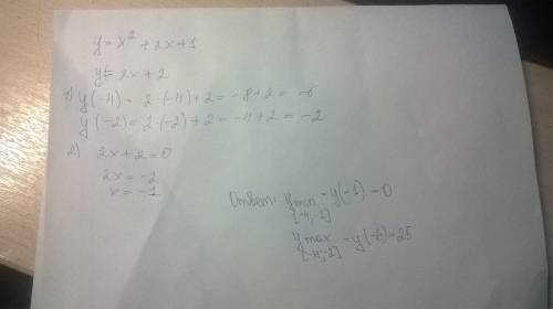 Найдите наибольшее и наименьшее значение функции y=x^2+2x+1 на промежутке [-4; -2]