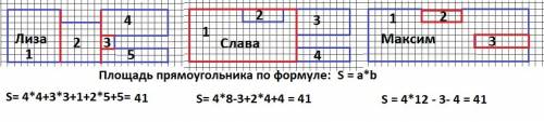 1)площадь многоугольника 42 см. 2) при выполнении лизе пришлось вычислять площадь пяти прямоугольник