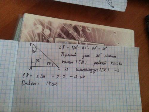 Впрямоугольном треугольнике мск известно,что угол мкс=90 градусов, угол с=60 градусов,см=7см.найдите