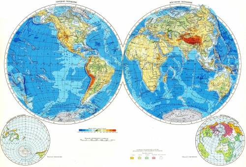 По карте полушарий определите, какой материк наиболее и наименее гористый.