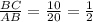 \frac{BC}{AB} = \frac{10}{20} = \frac{1}{2}