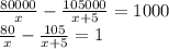 \frac{80000}{x}-\frac{105000}{x+5}=1000\\\frac{80}{x}-\frac{105}{x+5}=1