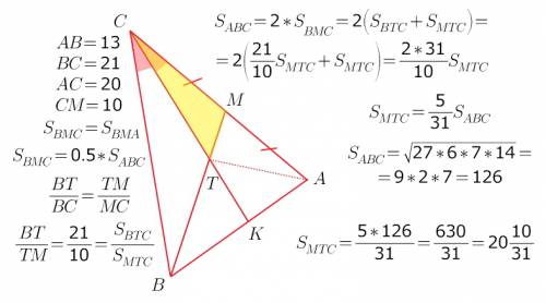 Решить, . в треугольнике abc ab=13 bc=21 ac=20. найти площадь треугольника образованного стороной ac