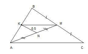 Втреугольнике abc проведена медиана am, точка k лежит на стороне ab. медиана kn=0,5 треугольника akm