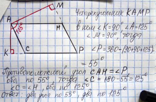 Угол между высотами параллелограмма, проведенными из одной вершины, равен 125 градусов. найдите углы