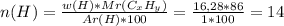 n(H)=\frac{w(H)*Mr(C_xH_y)}{Ar(H)*100}=\frac{16,28*86}{1*100}=14