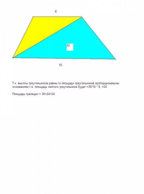 Втрапеции авсд основания ад и вс равны 10 см и 8 см соответственно . площадь треугольника асд равна