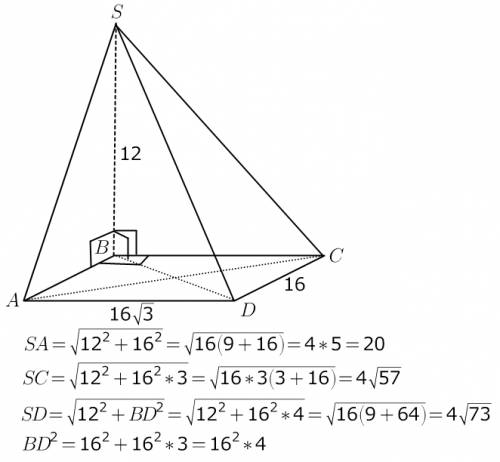 Основание пирамиды-прямоугольник,стороны которого равна 16 корней 3 см и 16 см.высота пирамиды прохо