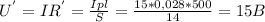 U^{'}=IR^{'}= \frac{Ipl}{S} = \frac{15*0,028*500}{14} =15B