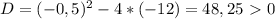 D=(-0,5) ^{2} -4*(-12)=48,25\ \textgreater \ 0