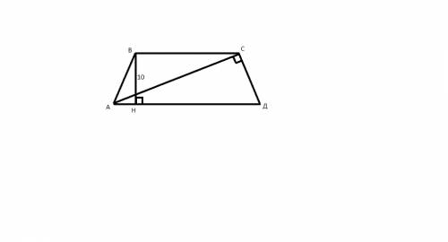Вравнобедренной трапеции высота равна 10 а диагональ перпендикулярна боковой стороне найдите площадь
