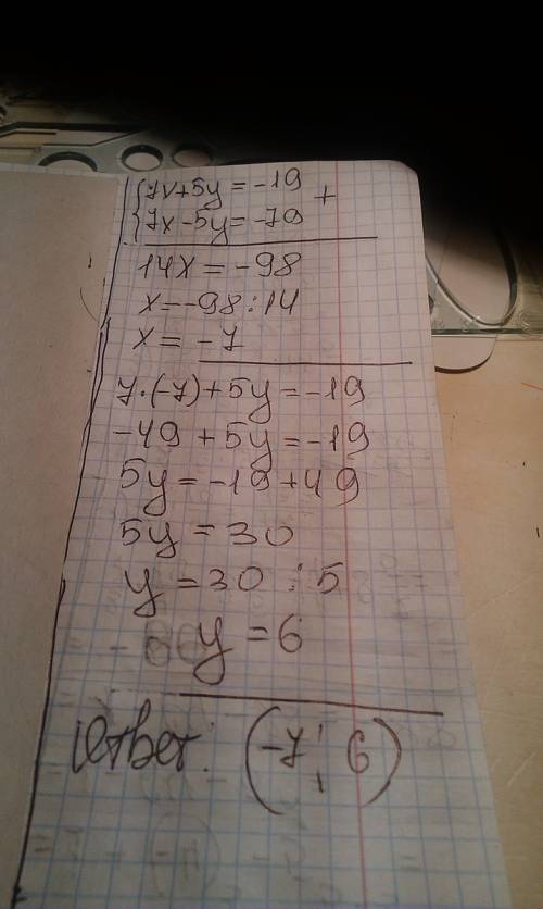 Решите систему уравнений методом сложения {7x+5y=-19.{7x-5y=-79