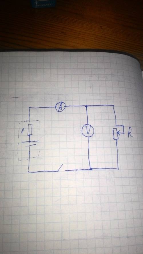 Надо зарисовать схему электрической цепи, состоящей из источника тока, реостата, амперметра и вольтм