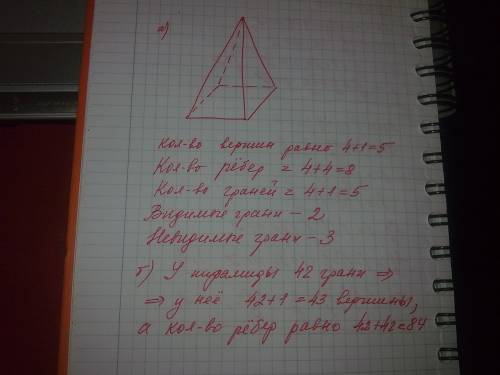 А)начертите четырёхугольную пирамиду.сколько у неё вершин,сколько рёбер и сколько граней? сколько из