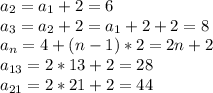 a_2=a_1+2=6\\a_3=a_2+2=a_1+2+2=8\\a_n=4+(n-1)*2=2n+2\\a_{13}=2*13+2=28\\a_{21}=2*21+2=44