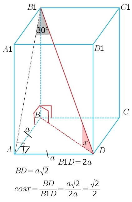 Диагональ правильной четырехугольной призмы образует с плоскостью боковой грани угол в 30 град. найд