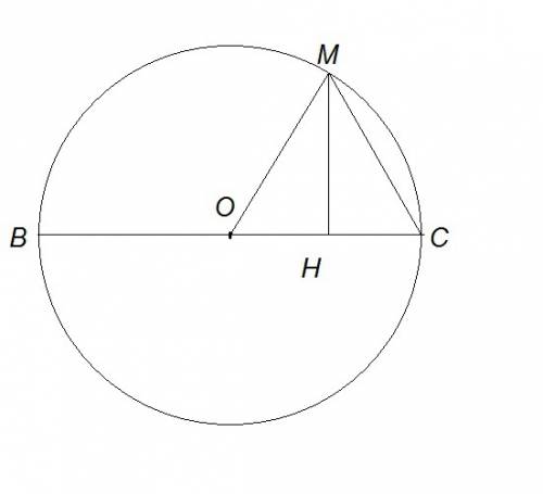 На рисунке bc - диаметр окружности,mh перпендикулярна bc. найдите длину хорды mc , если bh = 6 см, c