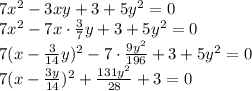 7x^2-3xy+3+5y^2=0 \\ 7x^2-7x\cdot \frac{3}{7} y+3+5y^2=0 \\ 7(x-\frac{3}{14}y)^2-7\cdot \frac{9y^2}{196}+3+5y^2=0 \\ 7(x-\frac{3y}{14})^2+ \frac{131y^2}{28} +3=0