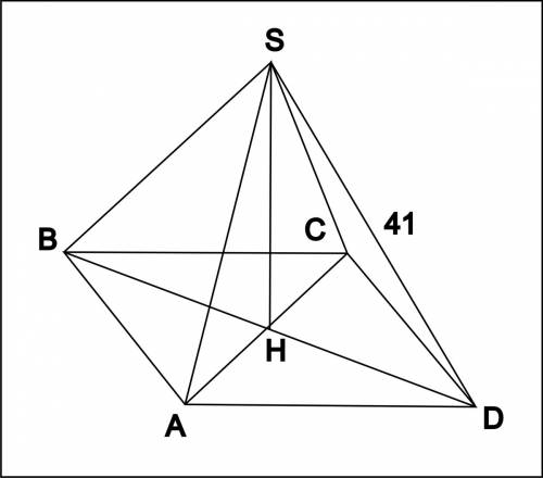 Вправильной четырёхугольной пирамиде боковое ребро равно 41, сторона основания равна 40√2. найдите о