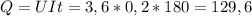 Q=UIt=3,6*0,2*180=129,6