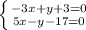 \left \{ {{-3x+y+3=0} \atop {5x-y-17=0}} \right.