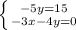 \left \{ {{-5y=15} \atop {-3x-4y=0}} \right.