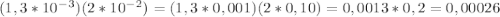 (1,3*10^-^3)(2*10^-^2)=(1,3*0,001)(2*0,10)=0,0013*0,2=0,00026