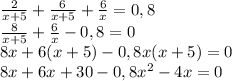 \frac{2}{x+5}+ \frac{6}{x+5} + \frac{6}{x} =0,8\\ \frac{8}{x+5}+ \frac{6}{x} -0,8=0\\8x+6(x+5)-0,8x(x+5)=0\\8x+6x+30-0,8 x^{2} -4x=0\\