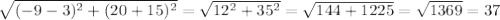 \sqrt{(-9-3)^{2}+(20+15)^{2} } =\sqrt{12^{2}+35^{2}}=\sqrt{144+1225}=\sqrt{1369}=37