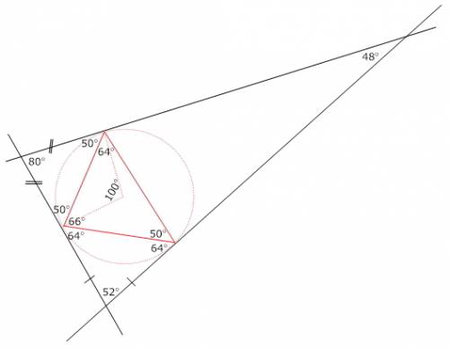Около треугольника авс с углами 50° и 66° описана окружность. найдите углы треугольника, вершинами к