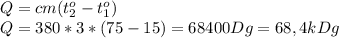 Q=cm(t_2^o-t_1^o)\\&#10;Q=380*3*(75-15)=68400Dg=68,4kDg