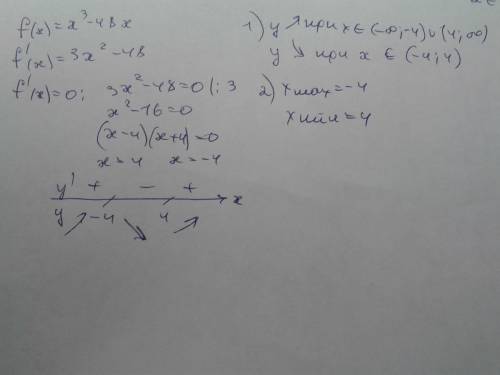 Для функции f(x)=x^3-48x найдите: 1) промежутки возрастания и убывания; 2) точки экстремума;