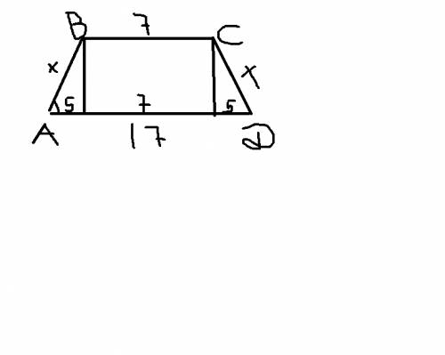 Уривнобедрений трапеции adcb ab и bc основы . кут bad =60 (градусив) ,ad=17м ,bc=7м .знайты бичну ст