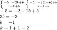 \left \{ {{-5=-2k+b} \atop {1=k+b}} \right. \left \{ {{-5=-2(1-b)+b} \atop {k=1-b}} \right. \\ -5=-2+2b+b \\ 3b=-3 \\ b=-1 \\ k=1+1=2