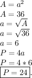 A=a^2 \\ A=36 \\ a= \sqrt{A} \\a= \sqrt{36} \\a=6 \\ P=4a \\ P=4*6 \\ \boxed{P=24}.